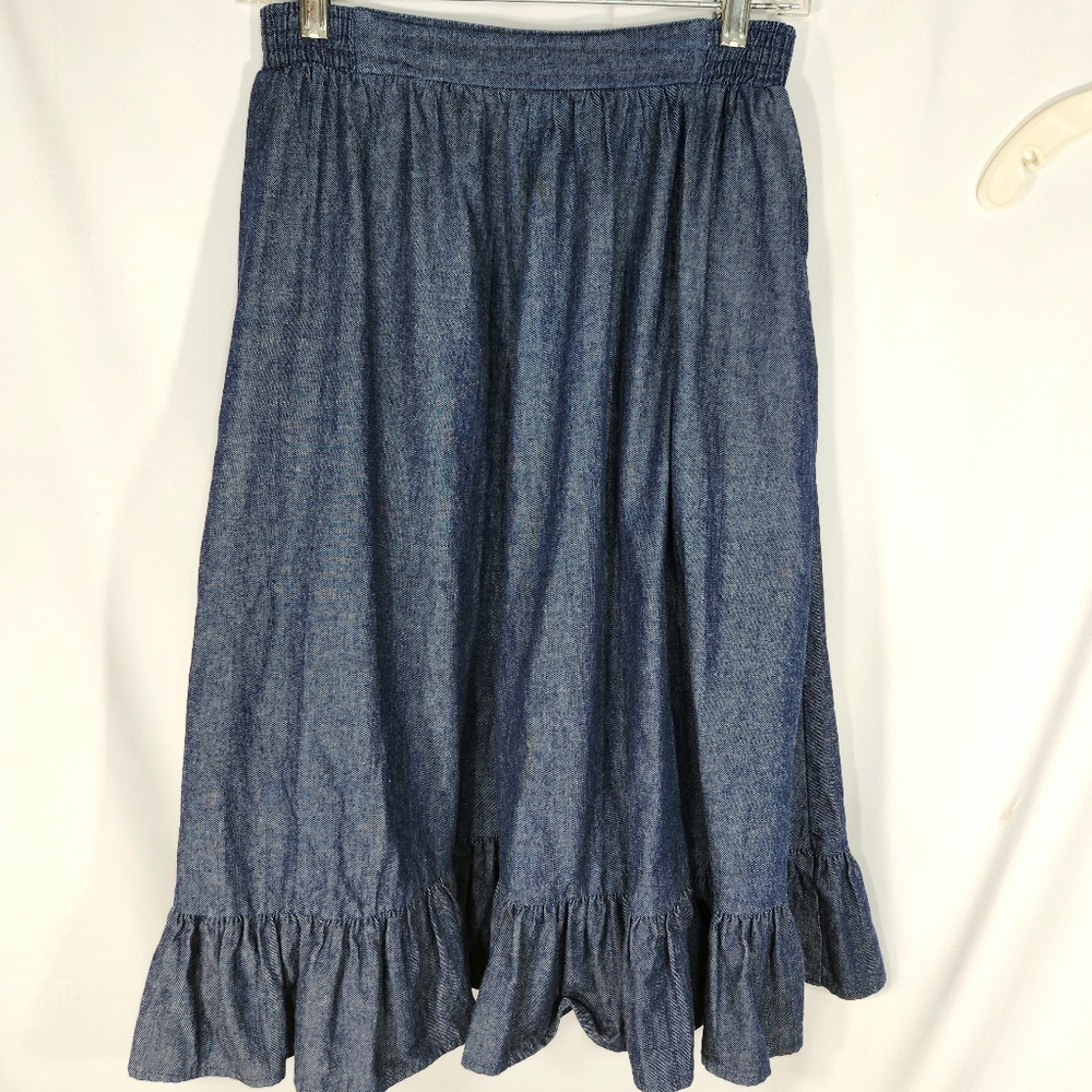Designer Denim Blue Elastic Waist w/Zipper Ruffle Hem Skirt w/Pockets Size Small
